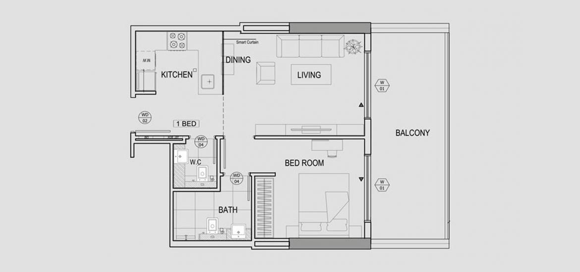 Floor plan «1BR», 1 bedroom in BINGHATTI CANAL